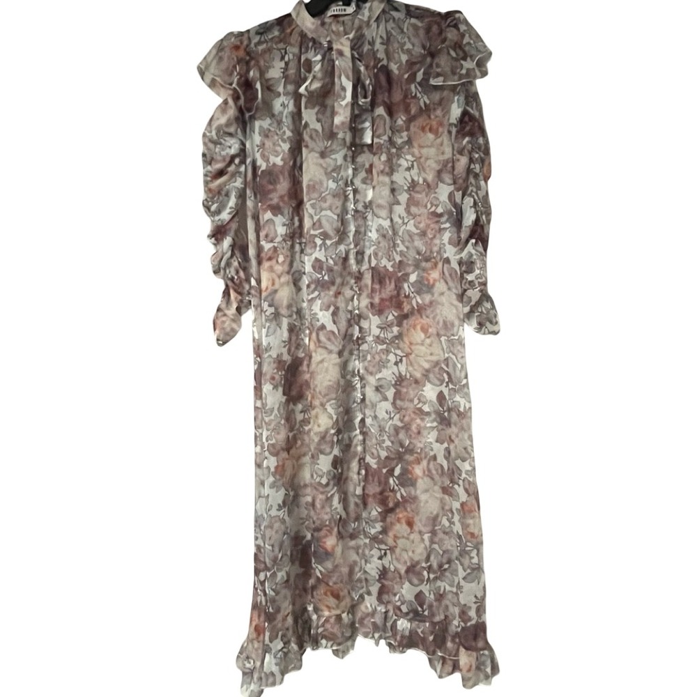 FARROW Sheer Floral Print Maxi‎ Dress Pleated Neck Gathered Sleeve Women Size M